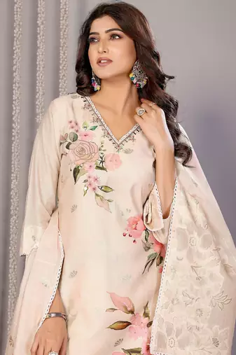 Women cream floral chanderi kurta set