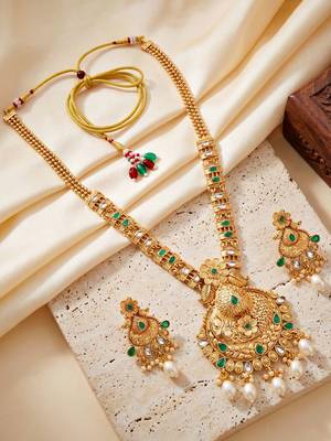 Lucky jewellery gold-plated green color long traditional necklace set 5