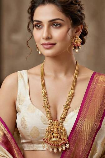 Lucky jewellery gold-plated laxmi idol temple ruby color necklace set