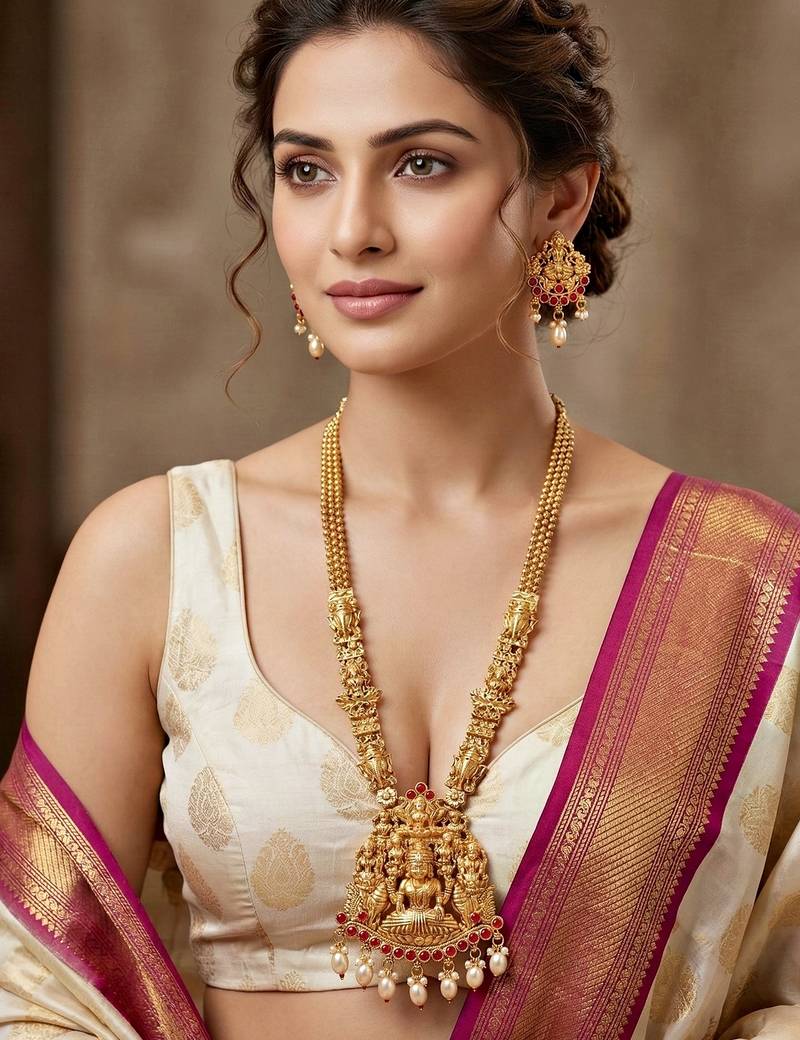 Lucky jewellery gold-plated laxmi idol temple ruby color necklace set