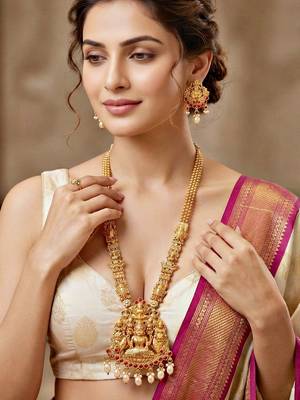 Lucky jewellery gold-plated laxmi idol temple ruby color necklace set 2