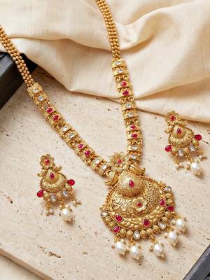 Lucky jewellery gold-plated ruby color long traditional necklace set 4