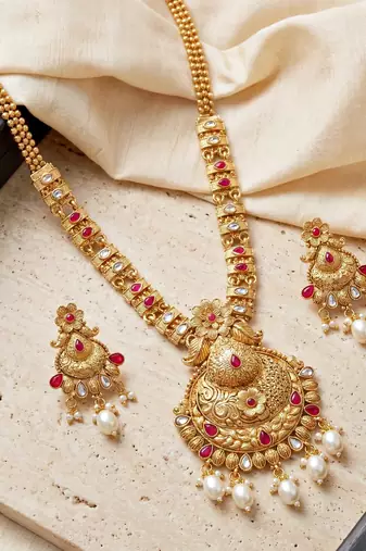 Lucky jewellery gold-plated ruby color long traditional necklace set