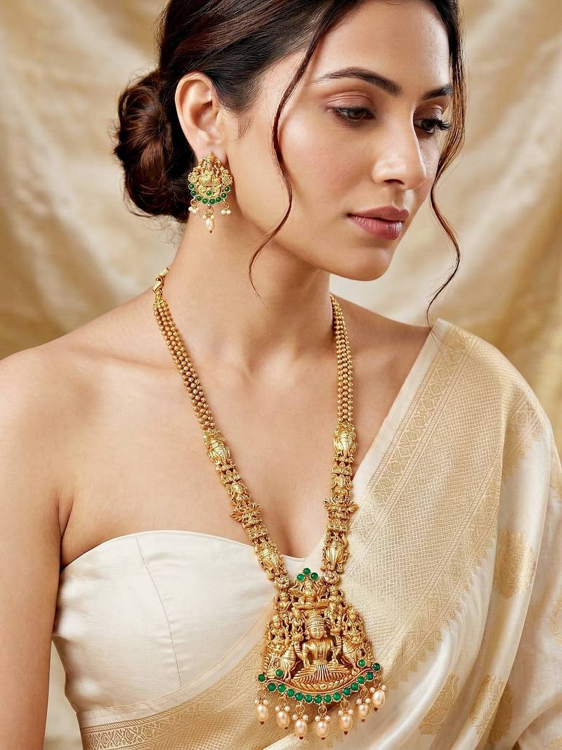 Lucky jewellery gold-plated laxmi idol temple necklace set
