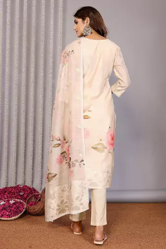 Women cream floral chanderi kurta set