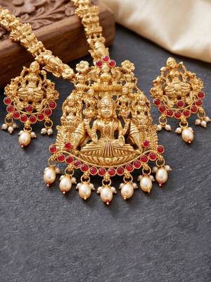 Lucky jewellery gold-plated laxmi idol temple ruby color necklace set 3