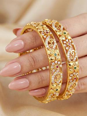 Gold plated temple bangle pink green stone kada 1
