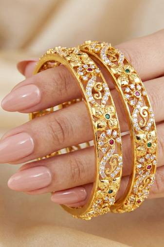 Gold plated temple bangle pink green stone kada