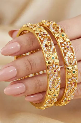 Gold plated temple bangle pink green stone kada