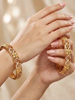 Gold plated temple bangle pink green stone kada 2