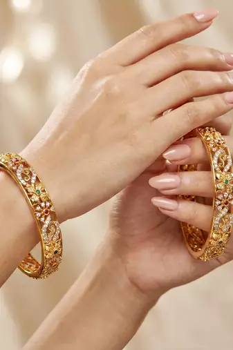Gold plated temple bangle pink green stone kada