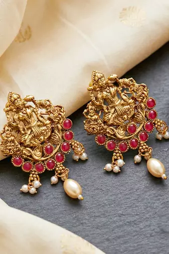 Lucky jewellery gold-plated laxmi idol temple ruby color necklace set