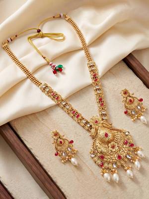 Lucky jewellery gold-plated ruby color long traditional necklace set 5