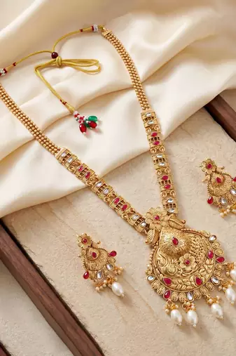 Lucky jewellery gold-plated ruby color long traditional necklace set