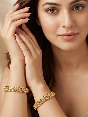 Gold plated temple bangle pink green stone kada 3