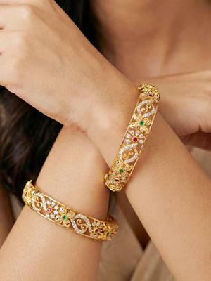 Gold plated temple bangle pink green stone kada 4