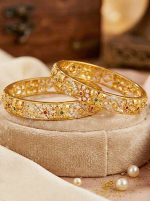 Gold plated temple bangle pink green stone kada 5