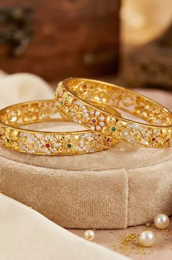 Gold plated temple bangle pink green stone kada