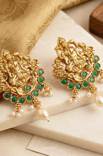 Lucky jewellery gold-plated laxmi idol temple necklace set