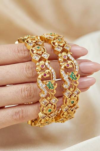 Gold laxmi ji temple bangle pink green stone kada