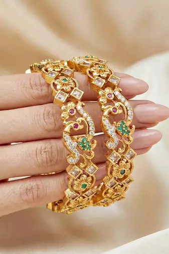 Gold laxmi ji temple bangle pink green stone kada