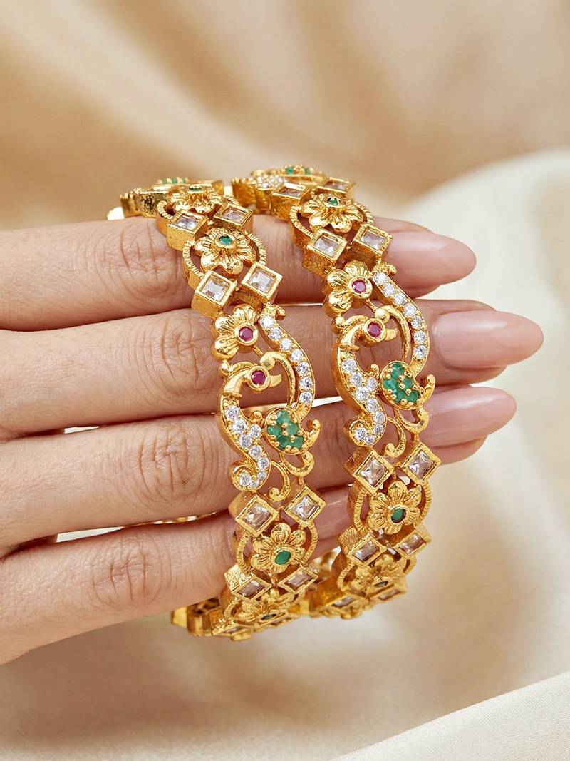 Gold laxmi ji temple bangle pink green stone kada