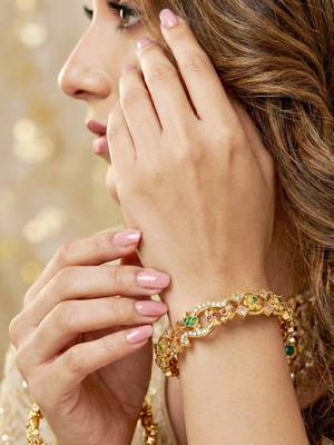 Gold laxmi ji temple bangle pink green stone kada 2