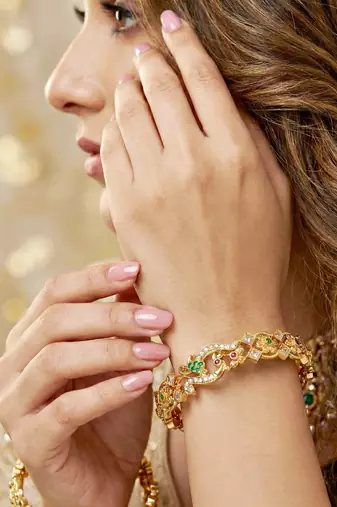 Gold laxmi ji temple bangle pink green stone kada