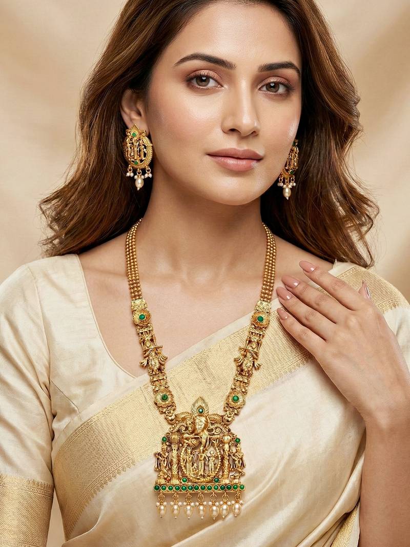 Lucky jewellery 18k gold-plated ram parivar temple necklace set