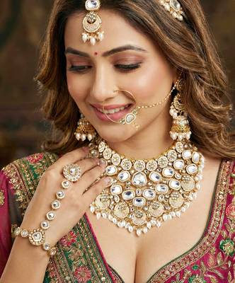 Lucky jewellery gold plated kundan white beads bridal jewellery set traditional designer statement 2
