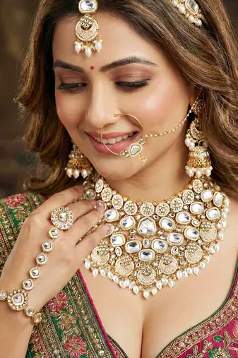 Lucky jewellery gold plated kundan white beads bridal jewellery set traditional designer statement