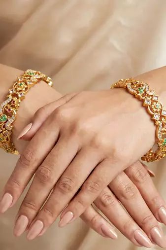 Gold laxmi ji temple bangle pink green stone kada