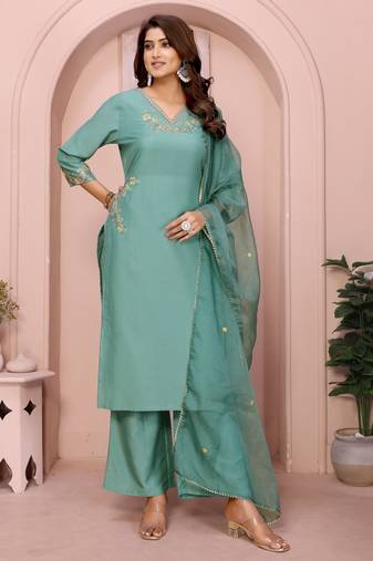 Women aqua blue plain chinon kurta set