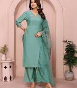 Women aqua blue plain chinon kurta set