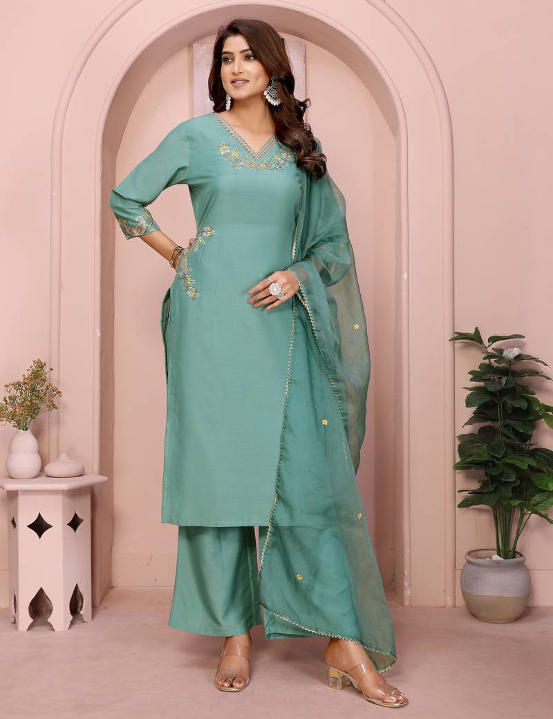 Women aqua blue plain chinon kurta set