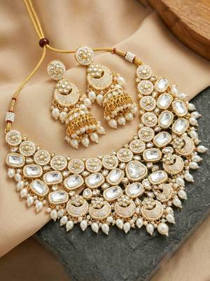 Lucky jewellery gold plated kundan white beads bridal jewellery set traditional designer statement 3