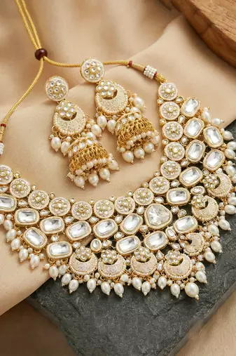 Lucky jewellery gold plated kundan white beads bridal jewellery set traditional designer statement