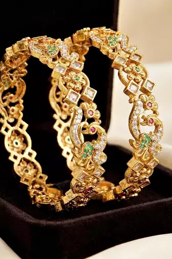 Gold laxmi ji temple bangle pink green stone kada