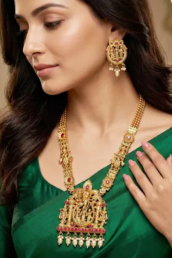 Lucky jewellery 18k gold-plated ram parivar temple necklace set