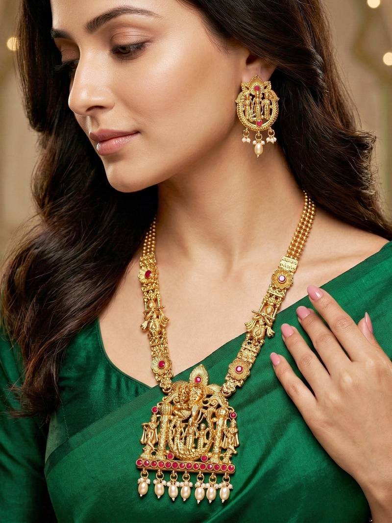 Lucky jewellery 18k gold-plated ram parivar temple necklace set