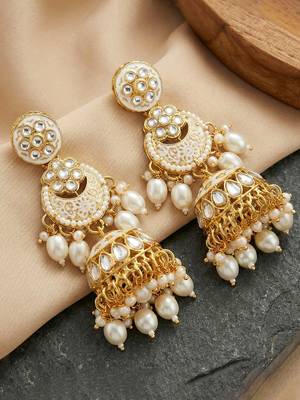 Lucky jewellery gold plated kundan white beads bridal jewellery set traditional designer statement 4