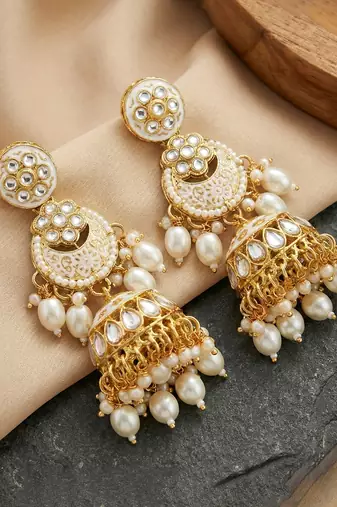 Lucky jewellery gold plated kundan white beads bridal jewellery set traditional designer statement