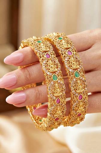 Gold ad floral bangle pink green stone kada
