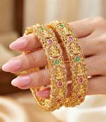 Gold ad floral bangle pink green stone kada