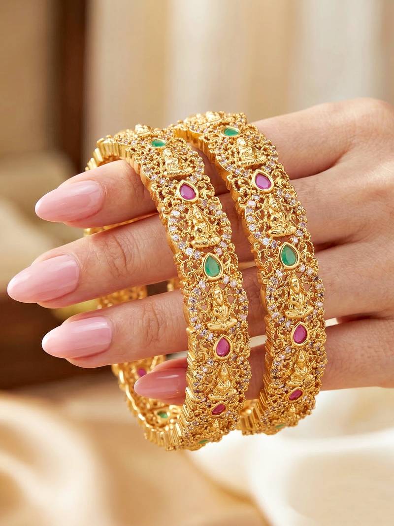 Gold ad floral bangle pink green stone kada