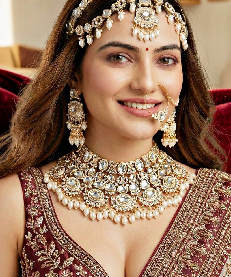Lucky jewellery traditional kundan white jewellery set | bridal style royal ethnic necklace set