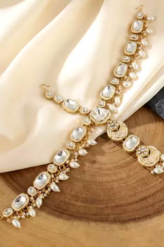 Lucky jewellery gold plated kundan white beads bridal jewellery set traditional designer statement