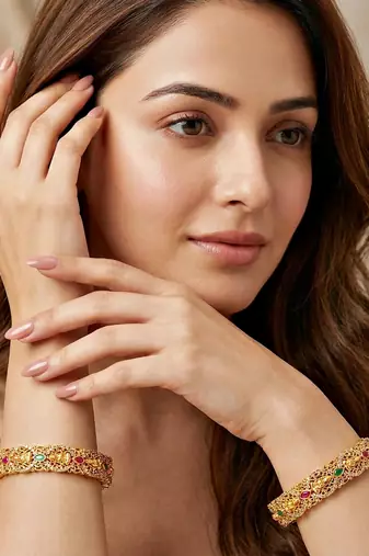 Gold ad floral bangle pink green stone kada