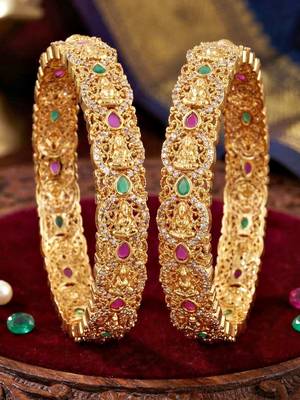 Gold ad floral bangle pink green stone kada 3