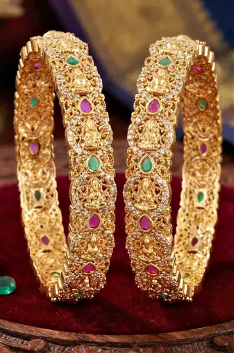 Gold ad floral bangle pink green stone kada